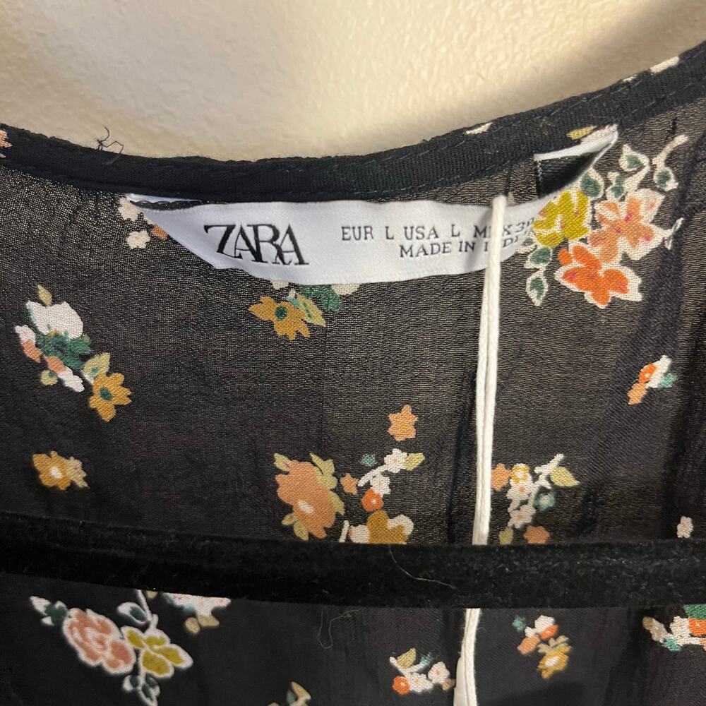 NWT Zara Floral Peasant Midi Dress Long Sleeves Size L Black - Picture 11 of 11